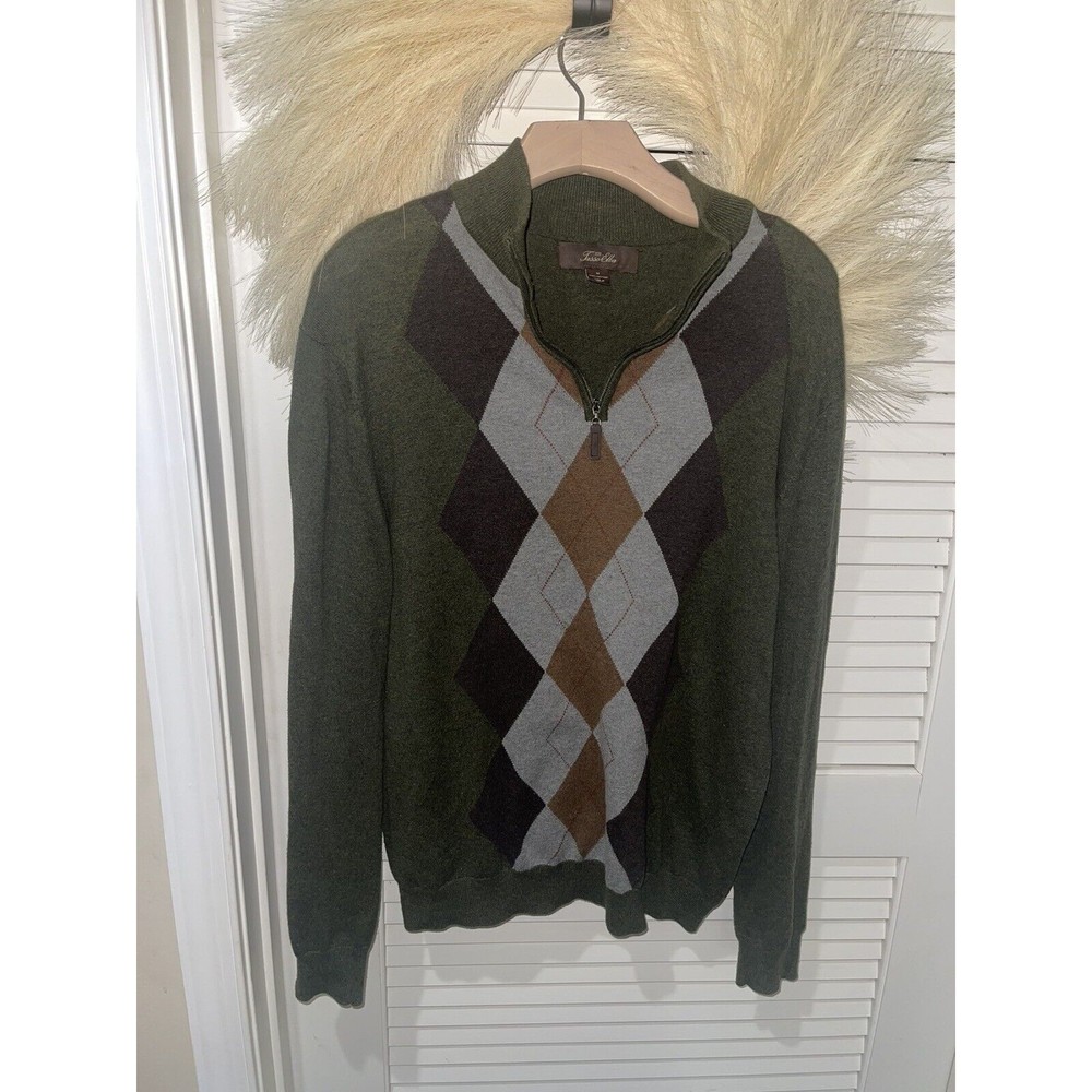 Tasso Elba Men's Size Large Plumb Sweater Grey Diamond Plaid 1/4 Zip 100% Cotton